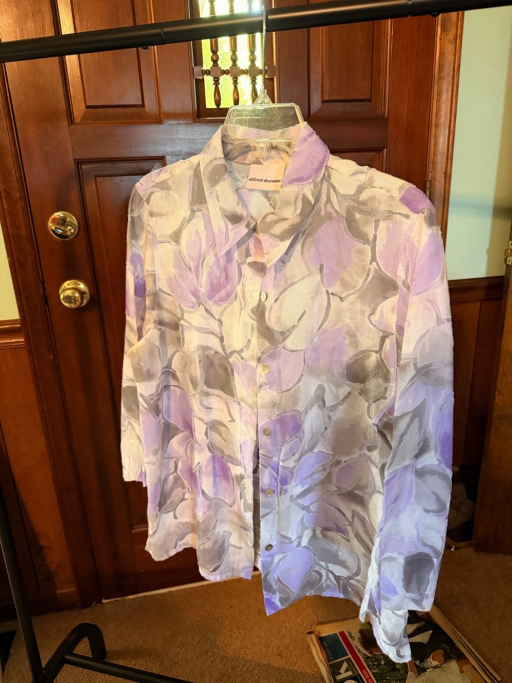 Alfred Dunner Lavender and Gray Floral Satin Button-Up Shirt